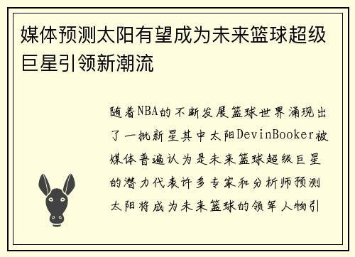 媒体预测太阳有望成为未来篮球超级巨星引领新潮流
