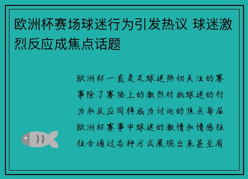 欧洲杯赛场球迷行为引发热议 球迷激烈反应成焦点话题