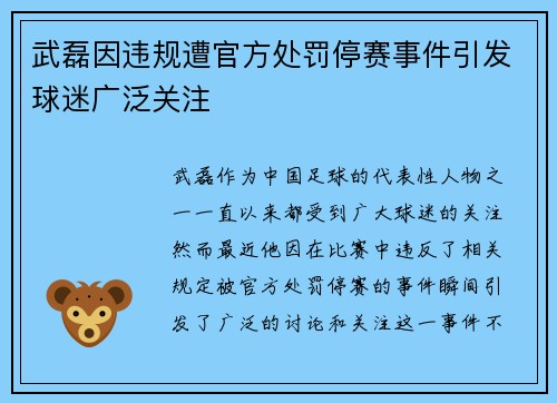 武磊因违规遭官方处罚停赛事件引发球迷广泛关注