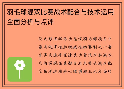 羽毛球混双比赛战术配合与技术运用全面分析与点评