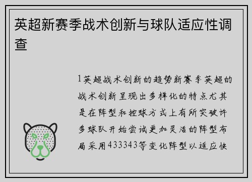 英超新赛季战术创新与球队适应性调查